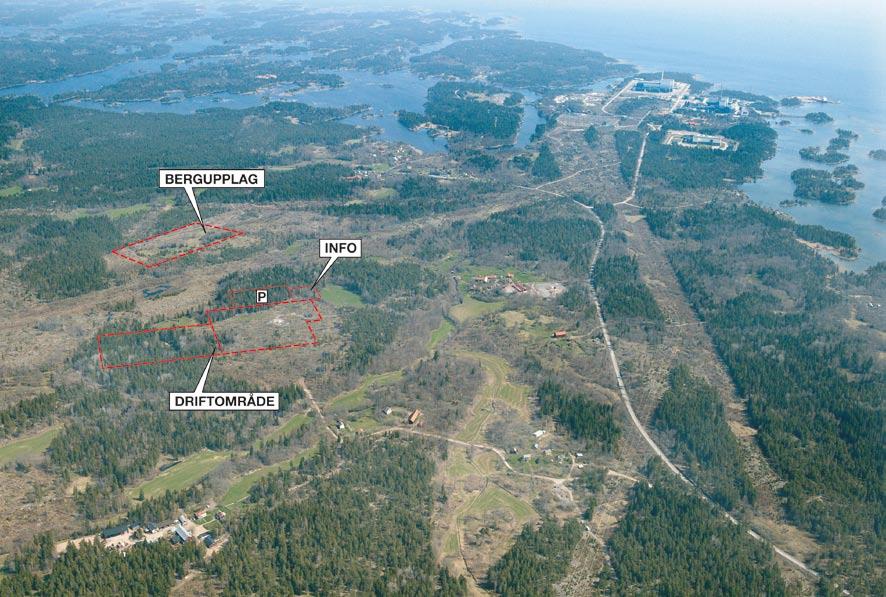 Figur 11. Vy över delar av Laxemarområdet med tänkt placering av markförlagda anläggningar och bergupplag för slutförvaret vid Oxhagen.