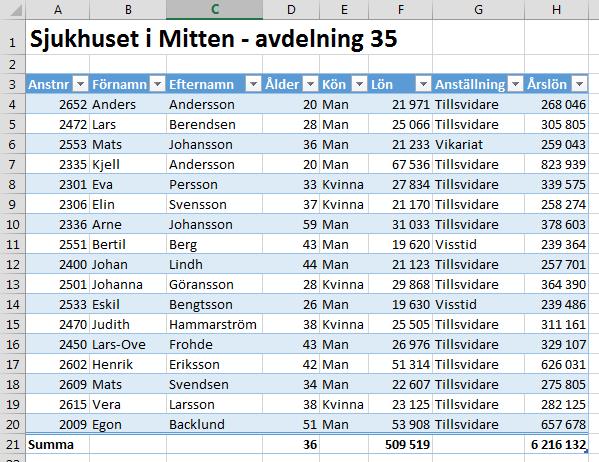 2. Sortera 2.1 Vanlig sortering För att effektivt kunna hantera tabellinformation i Excel behöver man ofta kunna sortera tabellen.