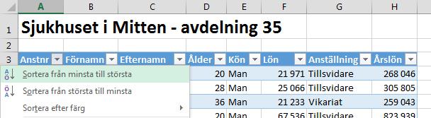 Ett tredje sätt är att så med cellmarkören i kolumnen man vill sortera på och då in under menyfliken DATA och klicka på knappen