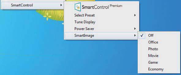 Kontextmenyn har fyra poster: SmartControl Premium - när det valts visas fönstret Om. ger en hierarkisk meny med sparade förhandsinställningar för omedelbar användning.