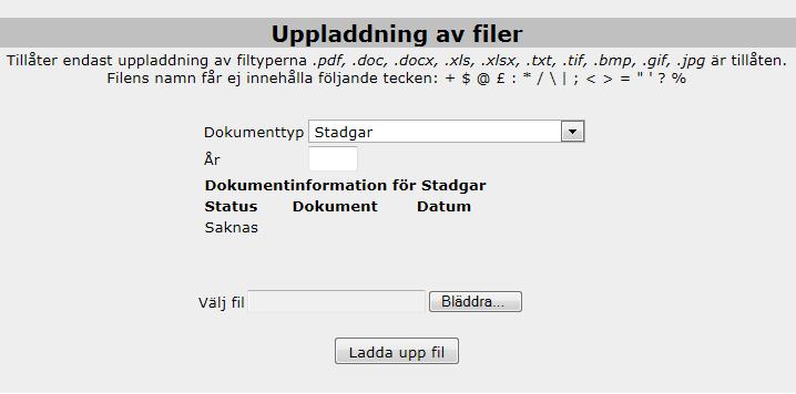 I rullistan hittar du alla dokumenttyper som du behöver ladda upp för att söka bidrag. Skriv in år som dokumentet gäller. Här kommer du till dina mappar där du kan ladda upp era filer.