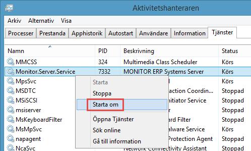 4. Starta sedan om MONITOR G5-servern. Servern körs som en tjänst som heter Monitor.Server.Service och du hittar den i Tjänster i Windows. Obs!
