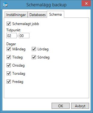4. Under fliken Schema ställer du in den Tidpunkt och de Dagar då backupjobbet ska köras. Förvalt är det Måndag Söndag. Du kan vid behov skapa manuella backupjobb genom att inaktivera Schemalagt jobb.