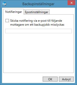 Lägg in generella backupinställningar De generella backupinställningarna avser notiser via e-post vid misslyckade körningar av backupjobb. Du behöver bara lägga in dessa inställningar en gång.