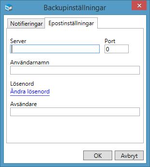 3. På fliken E-postinställningar ställer du in vilken Server (e-postserver) och Port som ska användas för att skicka notiser via e-post.