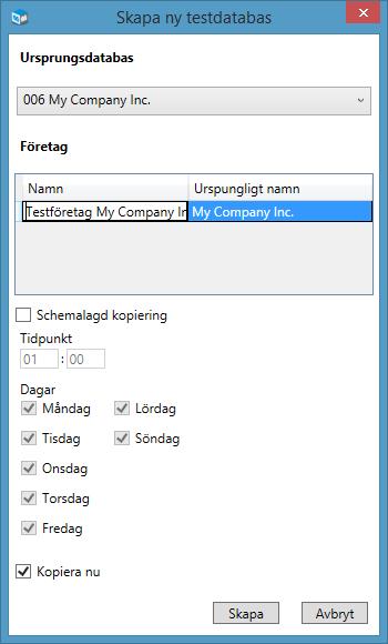 2. I nästa steg väljer du Ursprungsdatabas (den skarpa databas du vill kopiera). Du kan vid behov ändra namn på testdatabasen genom att klicka i fältet Namn.