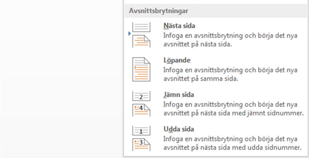 De används för att dela upp ett dokument i olika avsnitt, vilket gör det möjligt att i ett och samma dokument ha olika sidhuvuden, sidfötter och därmed kan man kontrollera hur sidnumreringen ska se