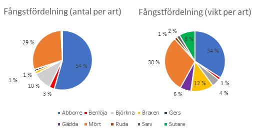 Figur 3: Det vänstra diagrammet visar att fångsten i antal bestod av 54 % abborre, 29 % mört och resterande del av fångsten bestod av björkna, gers, braxen, benlöja, sutare, ruda och gädda.