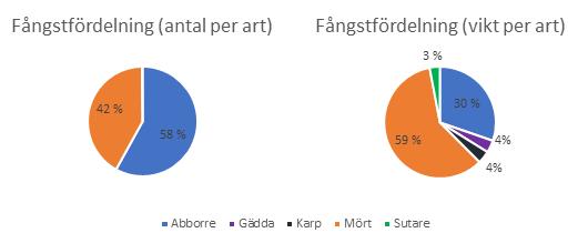 Figur 27: Cirkeldiagrammen visar att 58 % av antalet fångade individer bestod av abborre och 42 % av mört.