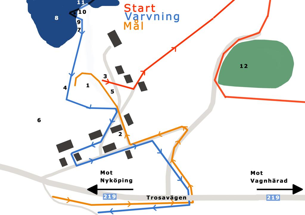 Banan vid Ånga Röd pil = start Blå pil = varvning Brun pil = m ålgång 1. Publikområde inkl. kafé, utställare och informationsplats 2. Sekretariatet inkl. upphämtning av startpåse, lagändringar 3.