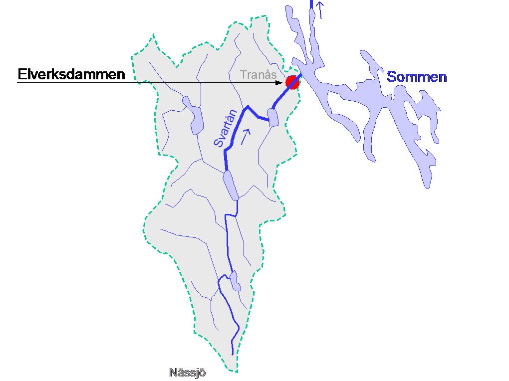 STUDIER AV ÅLBESTÅND OCH ÅLMIGRATION MED FISKRÄKNARE 3 Lokaler 3.1 SVARTÅN, TRANÅS Svartån vid Tranås mynnar i Sommen som ligger inom Motala ströms avrinningsområde.