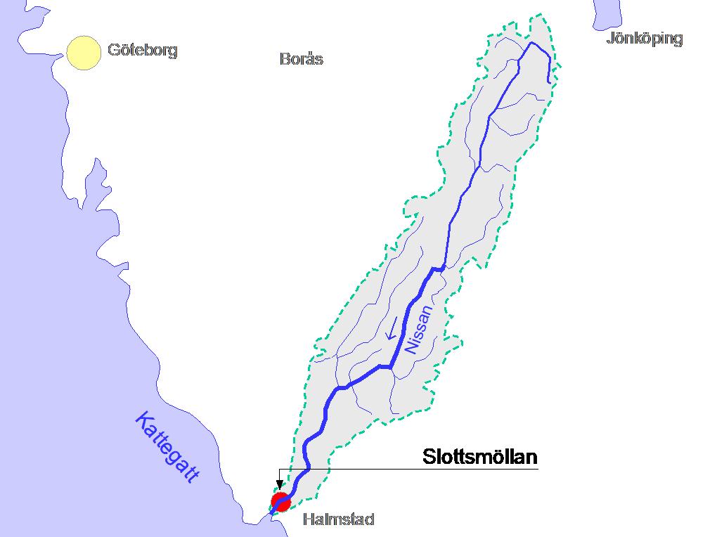 STUDIER AV ÅLBESTÅND OCH ÅLMIGRATION MED FISKRÄKNARE 3.3 NISSAN, SLOTTSMÖLLAN Nissan som är ett av västkustens större vattendrag mynnar i Västerhavet vid Halmstad.