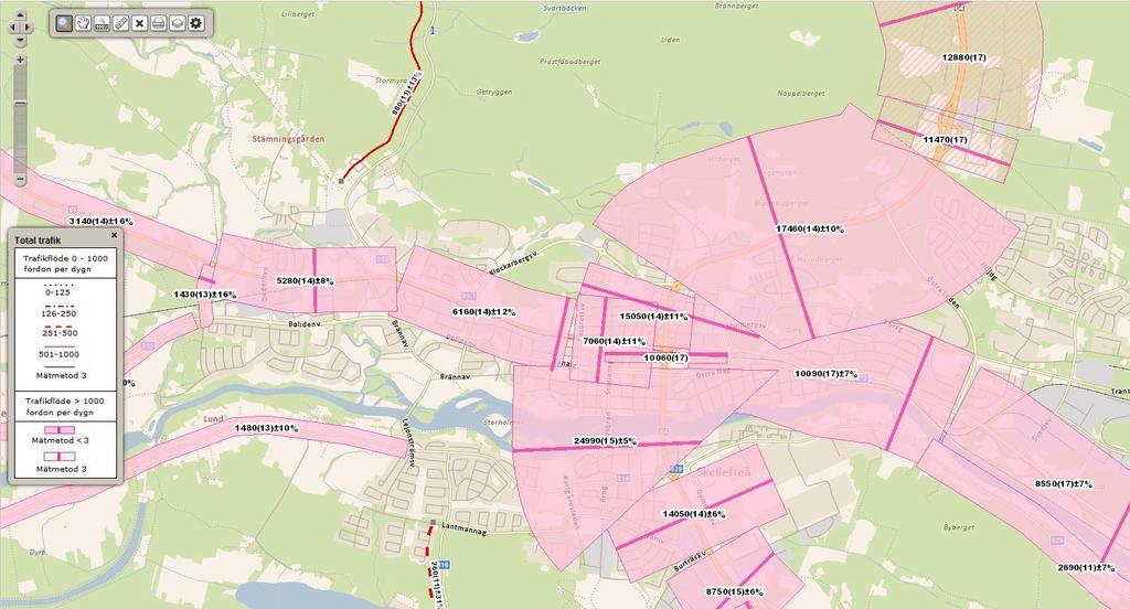 Den högsta årsdygnstrafiken (ÅDT) är på E4 just söder om Skellefteälven. ÅDT är 25 000 för år 2017, se Figur 2.