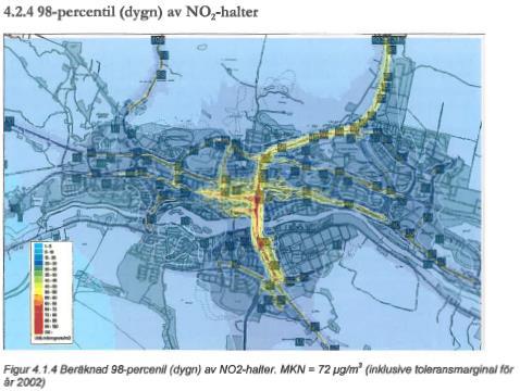 Figur 6. Beräknad halt av 98-precentil (dygn) av NO 2 i centrala Skellefteå. Resultatet visar att problemen från vägtrafiken finns i centrala Skellefteå när det gäller utsläpp av NO 2.