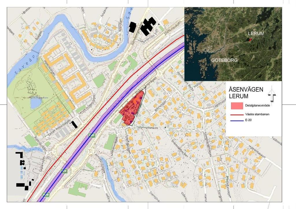 RAPPORT LUFT 9 Figur 1 Planområdets lokalisering (rött), E20 (lila) och Västra Stambanan (rött).