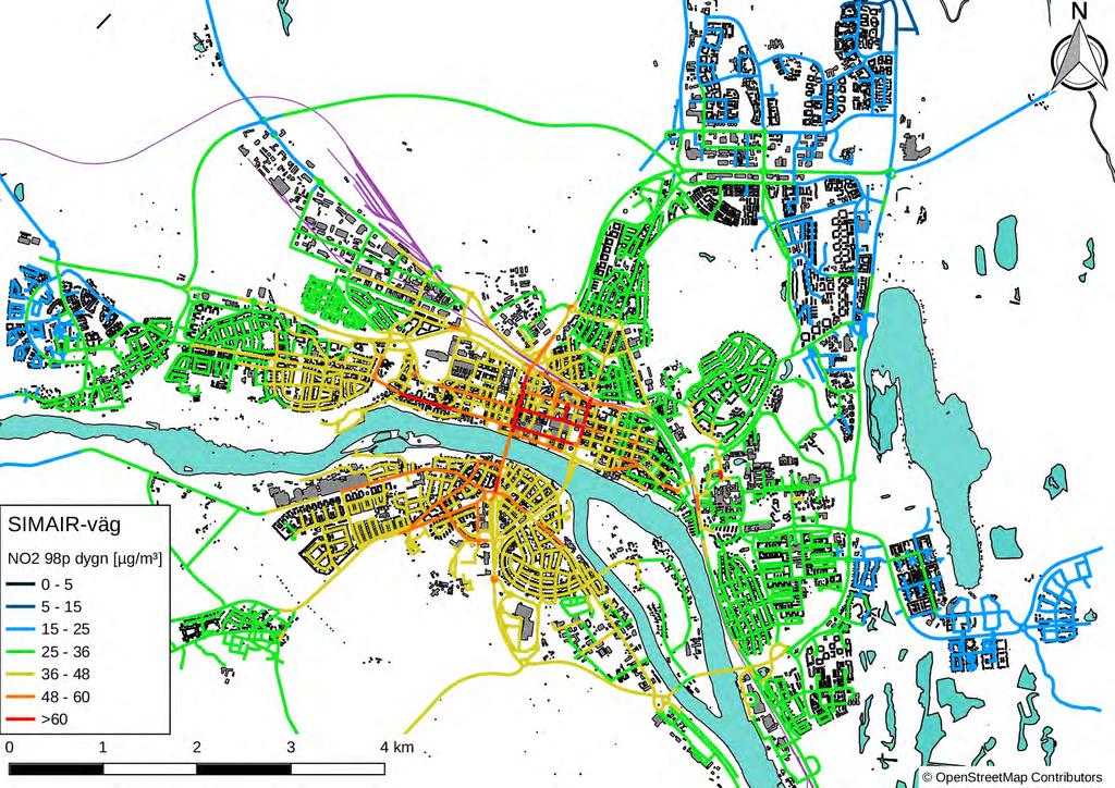 Resultat Figur 5: NO 2 98 percentil av dygnsmedelvärden, beräknat med SIMAIR-väg.
