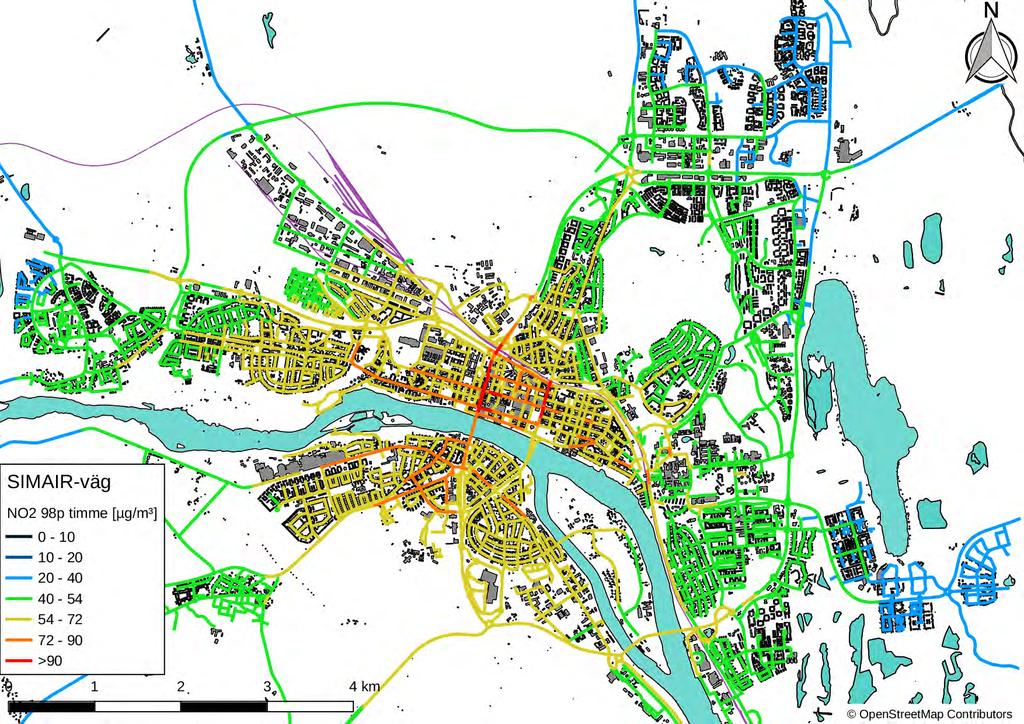 Resultat Figur 6: NO 2 98 percentil av timmedelvärde, beräknat med SIMAIR-väg.