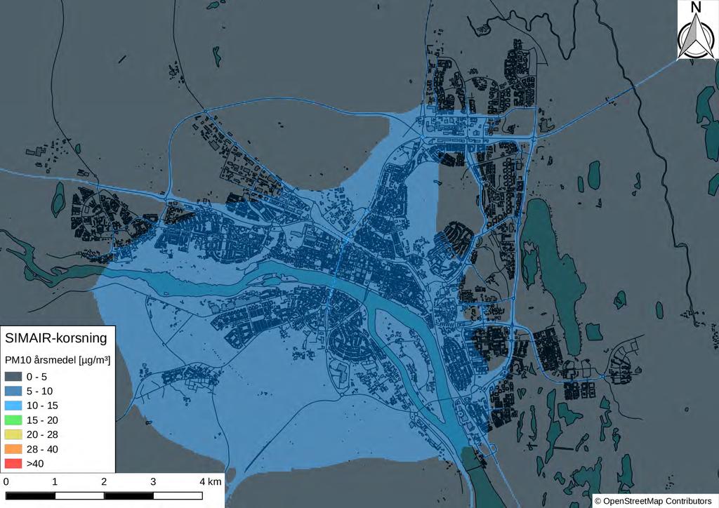 Resultat Figur 7: Yttäckande haltkarta för PM10 årsmedel, beräknat med SIMAIR-korsning.