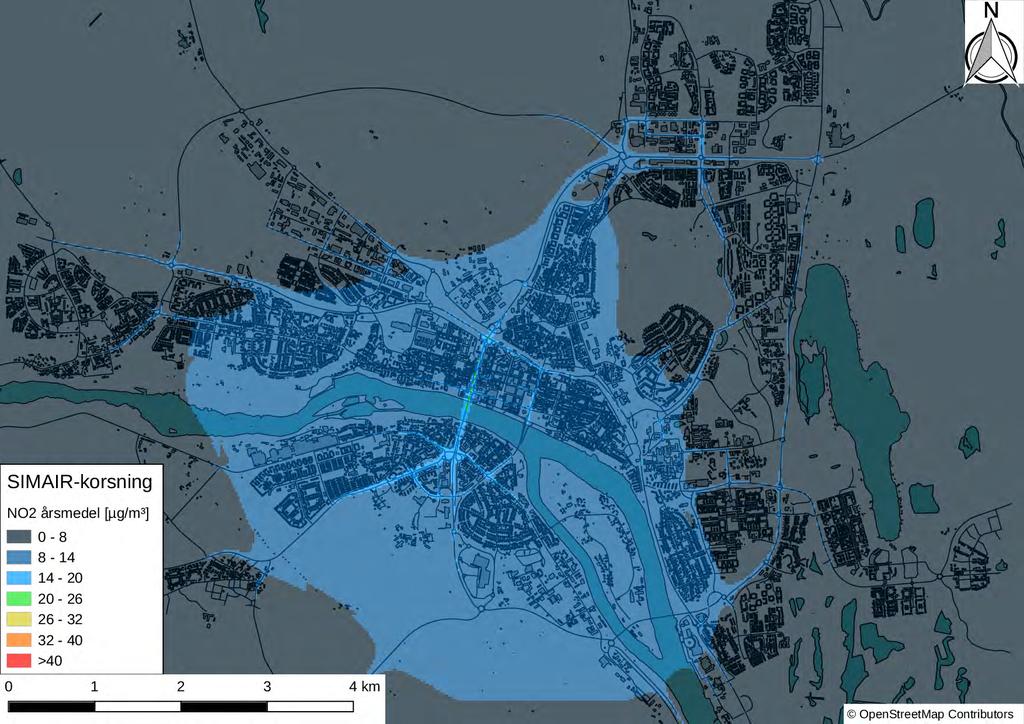 Resultat Figur 9: Yttäckande haltkarta för NO 2 årsmedel, beräknat med SIMAIR-korsning.