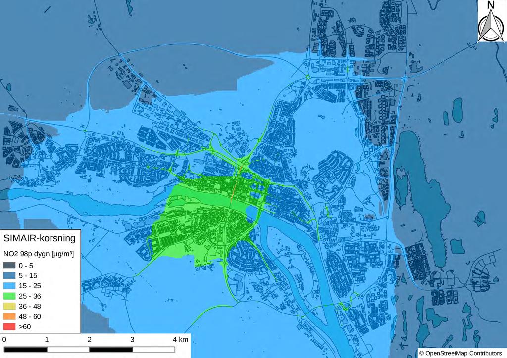 Resultat Figur 11: Yttäckande haltkarta för NO 2 98-percentil dygnsmedelvärde, beräknat med SIMAIR-korsning.