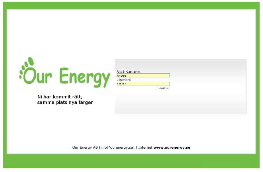 Inloggning Du loggar in i systemet första gången via http://ourenergy.se, välj där Min El 2 (överst på sidan).