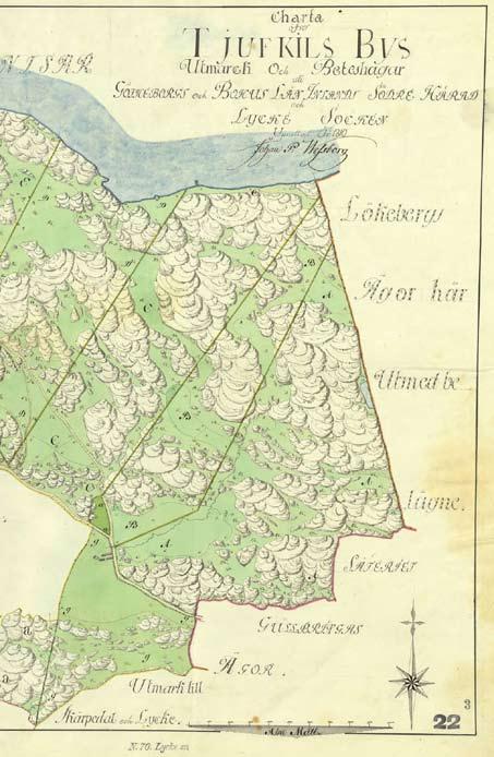 Matskärsområdet i Tjuvkil Figur 5. Utsnitt av storskifteskarta från 1810 visar Tjuvkil bys utmark. Utredningsområdet sammanfaller med betesmark tillhörande A. Kroken, B. Nordgården och C.