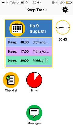 4 HållKoll startvy I HållKoll så har du alla viktiga funktioner samlade på en plats. På startsidan av HållKoll så finns funktionerna kalender, checklista och timer.