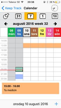 Du kan enkelt lägga till en ny händelse genom att trycka på det gröna pluset. Genom att välja en kulör på en händelse blir den förtydligad och förstärkt.