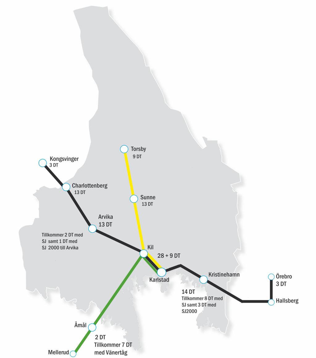 12(12) Bilaga 3 Målbild tågtrafikens utveckling Kartan nedan visar trafikutbud tåg 2019, möjlig trafikutbyggnad 2021-2025 samt 2026 2030 Inriktning trafikutveckling tåg 2021-2030 Läget 2019 Utbyggnad