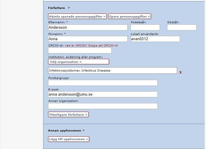 Följande instruktioner gäller för exemplet Artikel i tidskrift. Se sista sidan i manualen för fält som är specifika för andra publikationstyper. Fält med röd markering är obligatoriska att fylla i. 4.