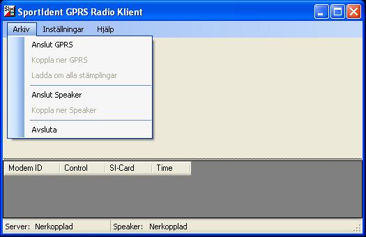 Anslutning I Arkiv-menyn kan du ansluta både till GPRS-servern och Speakerstödet BBRClient-programmet ansluter till en av SportIdents servrar för att ta emot data från GPRS-modulerna.