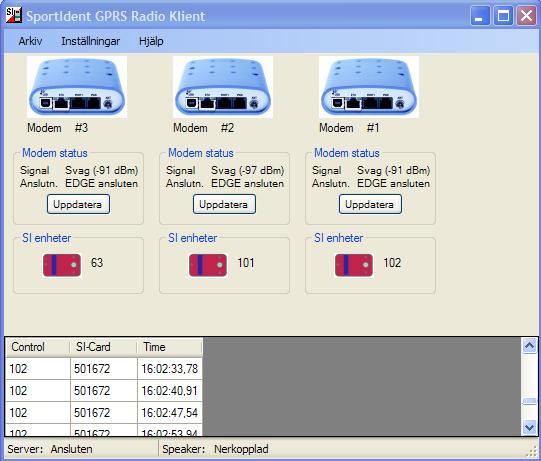 Exempel: Ansluten till GPRS-servern med 3st aktiva modem. När du är ansluten till GPRS-servern visas de GPRS-modem som är igång och de masterstationer som är anslutna till varje modem.