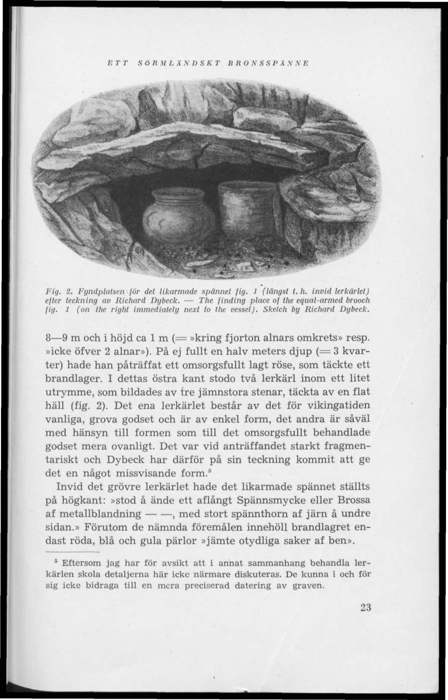 ETT S Ö R M L Ä N D S K T B R O N S S P Ä N N E Fig. 2. Fyndplatsen för del likarmade spännet fig. 1 (längst t. h. invid lerkärlet) efter teckning av Richard Dybeck.
