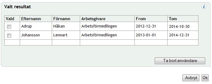 I panelen Valt resultat visas namnen på deltagaransvariga som kommer att ingå i insatsen. Ta bort uppdrag Du tar bort ett uppdrag som deltagaransvarig på följande sätt: 1.