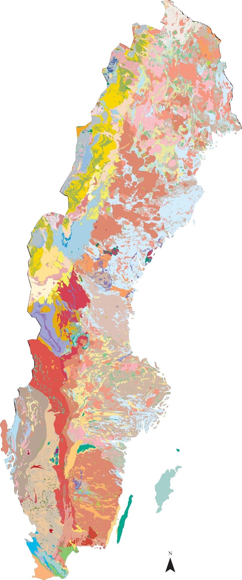 Figur 1A. Karta över Sveriges berggrund i skala 1:1 miljon.