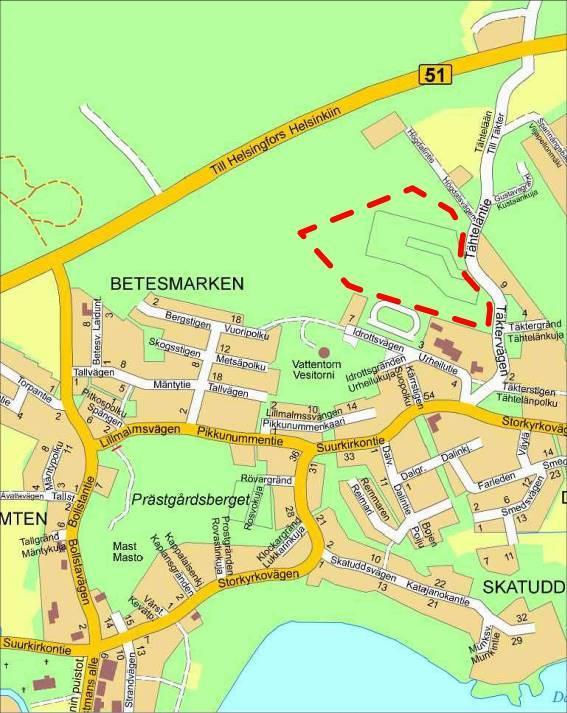 - 5 - Bild 1. Detaljplaneändringen gäller Smedsvägens område vid utkanten av Ingå kyrkbys kärncentrum väster om Täktervägen och norr om den finska skolan. Området med normativa gränser på kartan. 2.3.