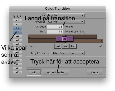 För att lägga på en transistion på ett ljudklipp markerar du först de ljudspår du vill att den ska ligga på. Till exempel A1 och A2. Sedan parkerar du tidsmarkören i närheten av klippet.