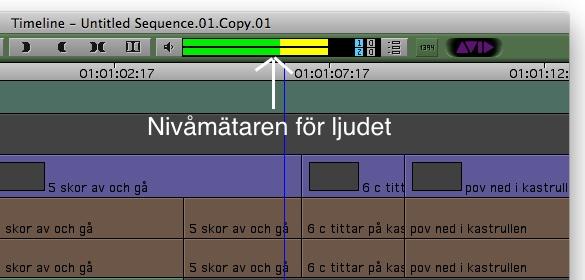 Nivåmätaren Högst upp till höger i Timeline finns nivåmätaren. När man spelar upp Sekvensen på Timeline visar den i realtid ljudets nivå.