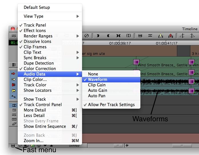 Att visa information på ljudspåren i Timeline För att snabbt få en överblick över vilken ljudnivå olika ljud- segment har på Timeline kan du trycka på knappen för Fast Menu längst ned till vänster i