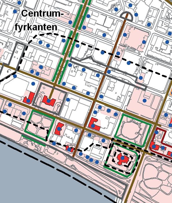 3 B. Kortfattad beskrivning av aktuella kärnområden och byggnadsminnen: Riksintresset AC 10: - Rådhustorget och Rådhusesplanaden samt vissa närliggande byggnader, Fabriken 7 (Gamla posten) och Rind