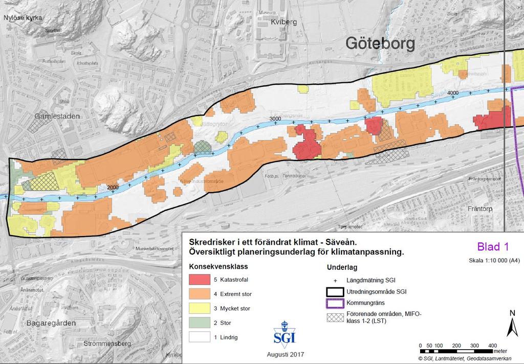 5.3 Exempel på innehåll i kartan och hur den kan tolkas 5.3.1 Industriområden, kraftledning och förorenad mark i Göteborgs kommun Figur 5.2 Ett utsnitt av konsekvenskartan i Göteborgs kommun.