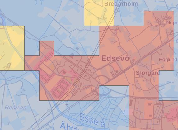 1-11 Bild 6. Bilden förevisar samhällsstrukturen. Röd färg; tätortsområden, gul-brun färg; småbyar. SYKE/YKR MML, Esri Finland.