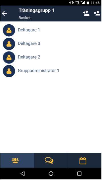 Det finns tre flikar nere på sidan: Den vänstra visar gruppens medlemmar. Den mittersta är en s.k. Groupwall som skickar SMS till gruppens medlemmar om man har en SMS-grupp aktiverad (denna används EJ).