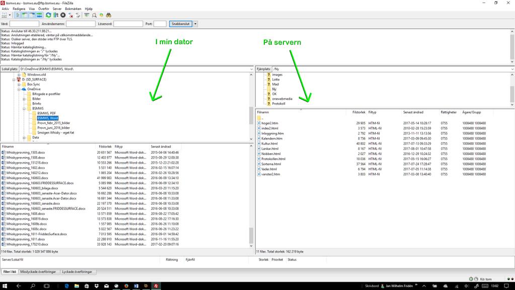 I detta program (använder Filezilla) ringer man upp vår hemsida och då ser man vilka filer