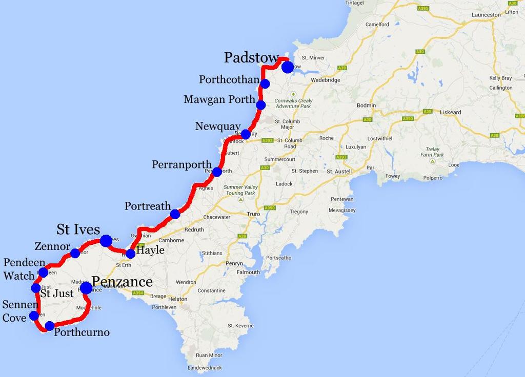 South West Coast Path, Padstow St Ives, 7 nätter 6(6) South West Coast Path South West Coast Path är över 1 000 km lång, och sträcker sig från Minehead i norr till South Haven Point i söder.