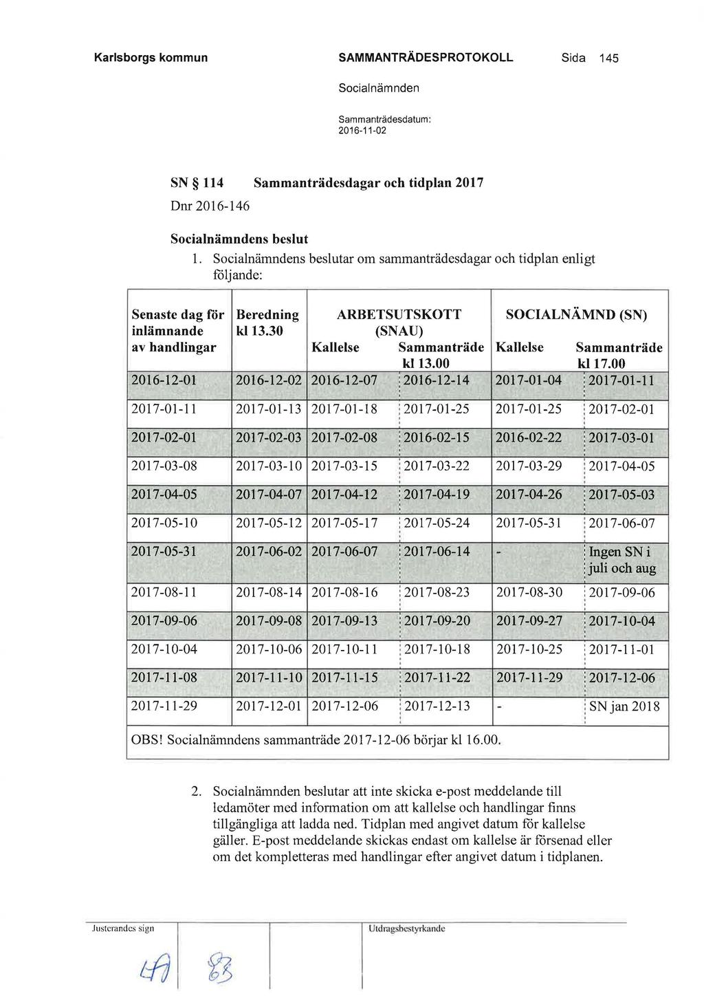 Karlsborgs kommun SAMMANTRÄDESPROTOKOLL Sida 145 Sammanträdesdatum : SN 114 Sammanträdesdagar och tidplan 2017 Dnr 2016-146 s beslut l.