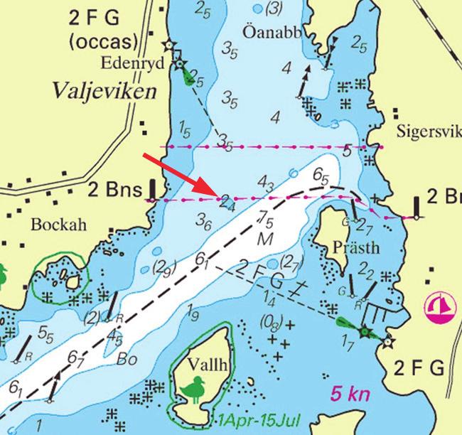 Ett grund med 2,4 m djup har hittats i Valjeviken Inför Djup 2,4 m omgiven av 3 m kurva 56-02,61N 14-32,39E Bsp