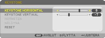 4. Tryck på -tangenten för att välja [HORISONTAL] och använd sedan eller så att de övre och undre sidorna i den projicerade bilden är parallella. Justera den horisontala keystone-förvrängningen. 2.