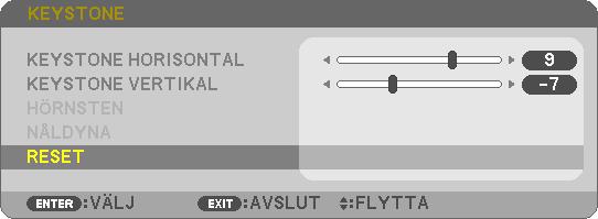 För att utföra Keystone-korrigeringen igen, tryck på -tangenten för att visa Keystone-skärmen och upprepa ovanstående steg 1 till 6.