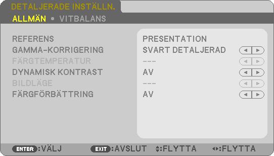 Menybeskrivningar och funktioner [JUSTERA] [BILDJUSTERING] 5. Använda skärmmenyn [FÖRINSTÄLLNING] Med denna funktion kan du optimera inställningarna för din projicerade bild.